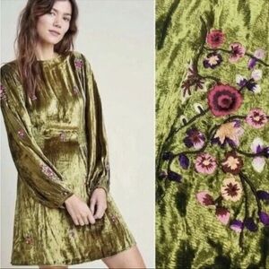 Anthropologie Olive Velvet Long Sleeve Dress